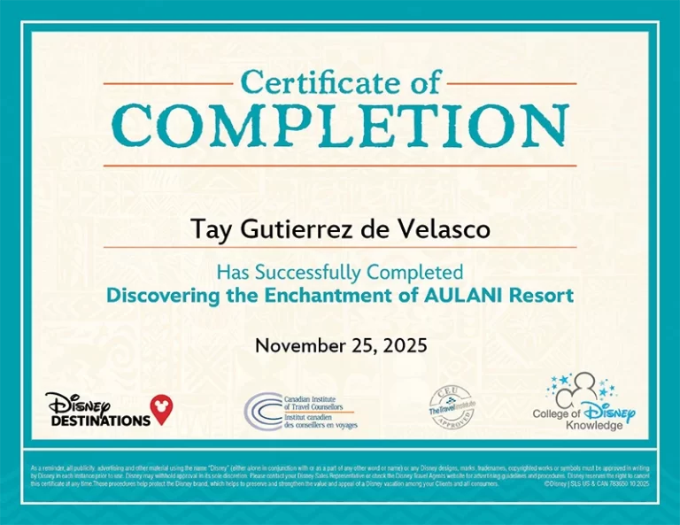 certificado-Aulani resort Disney 2