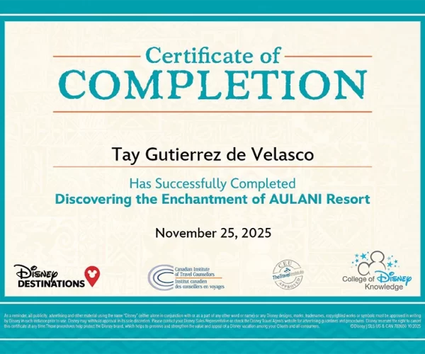 certificado-Aulani resort Disney 2